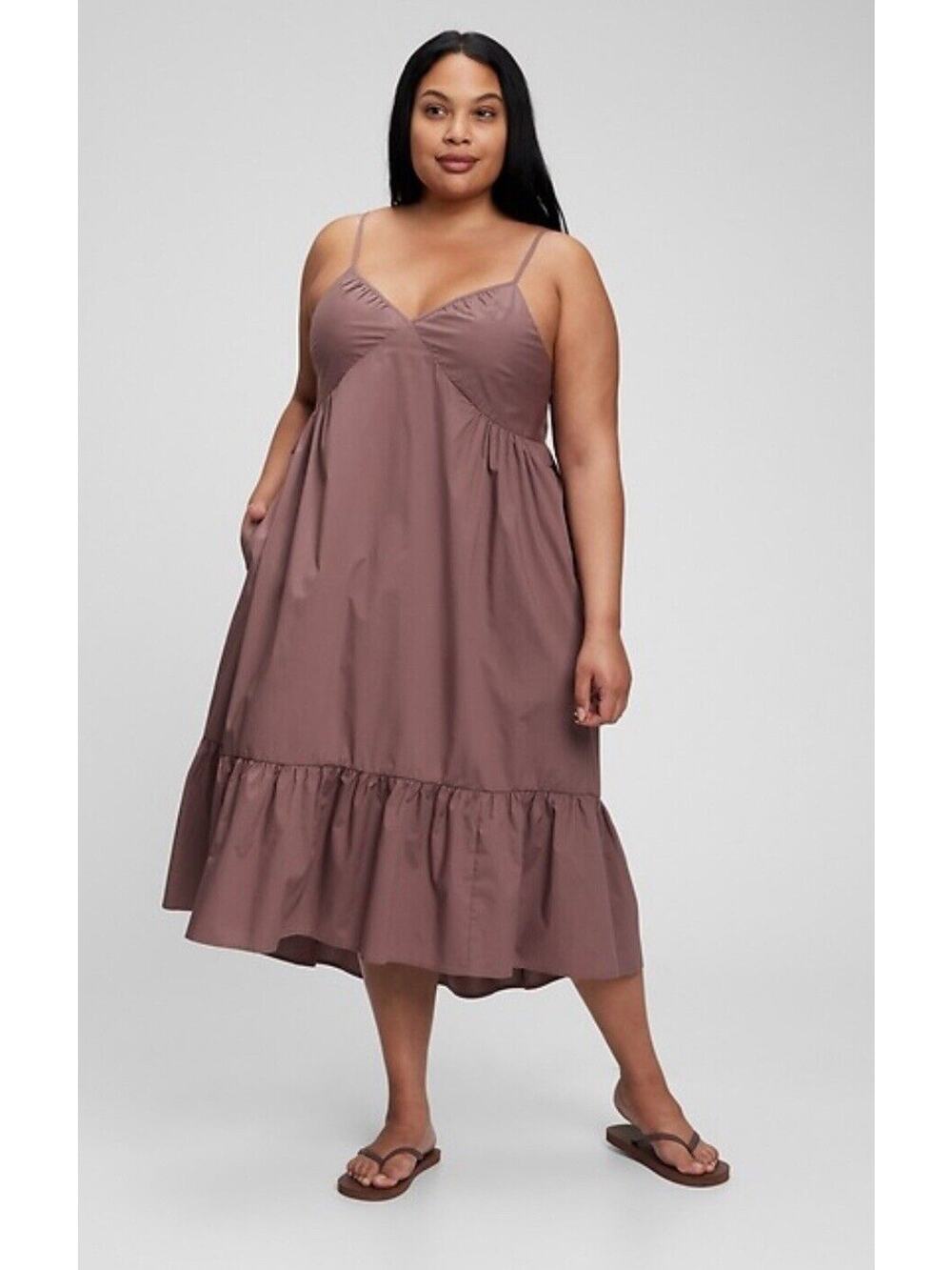Gap LP Petite Deep V Midi Cami Dress Babydoll Sleeveless Smocked Brown NWOT